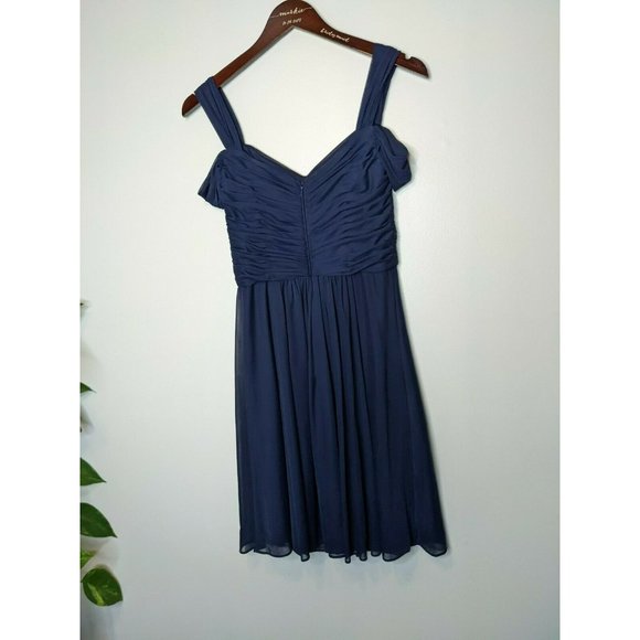 David's Bridal A-Line V-neck Short Chiffon Bridesmaid Dress Ruffle Navy Blue - Picture 3 of 8